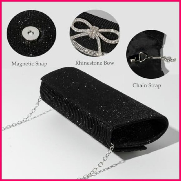 s-l1200.png Sparkly Rhinestone Bow Clutch Elegant Evening Party Purse Detachable Chain